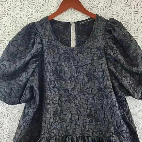 Enless Rose Textured Crinkle Short Balloon sleeve Black Tunic Dress L - Picture 5 of 11